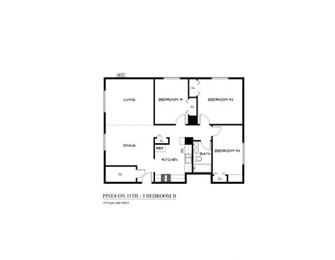 Floor plan for 3 beds, 1 bath, 975 sqft
